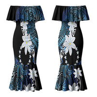 Cook Islands Maori Language Week Couples Matching Mermaid Dress and Long Sleeve Button Shirt Tiare Maori Kuki Airani Blue Pattern