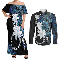 Cook Islands Maori Language Week Couples Matching Off Shoulder Maxi Dress and Long Sleeve Button Shirt Tiare Maori Kuki Airani Blue Pattern