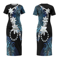 Cook Islands Maori Language Week Couples Matching Short Sleeve Bodycon Dress and Long Sleeve Button Shirt Tiare Maori Kuki Airani Blue Pattern