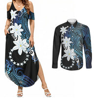 Cook Islands Maori Language Week Couples Matching Summer Maxi Dress and Long Sleeve Button Shirt Tiare Maori Kuki Airani Blue Pattern