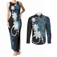 Cook Islands Maori Language Week Couples Matching Tank Maxi Dress and Long Sleeve Button Shirt Tiare Maori Kuki Airani Blue Pattern