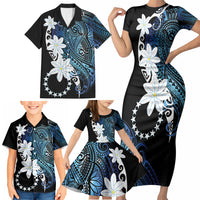 Cook Islands Maori Language Week Family Matching Short Sleeve Bodycon Dress and Hawaiian Shirt Tiare Maori Kuki Airani Blue Pattern