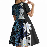 Cook Islands Maori Language Week Kid Short Sleeve Dress Tiare Maori Kuki Airani Blue Pattern