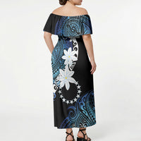 Cook Islands Maori Language Week Off Shoulder Maxi Dress Tiare Maori Kuki Airani Blue Pattern