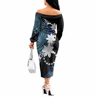 Cook Islands Maori Language Week Off The Shoulder Long Sleeve Dress Tiare Maori Kuki Airani Blue Pattern