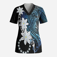 Cook Islands Maori Language Week Scrub Top Tiare Maori Kuki Airani Blue Pattern