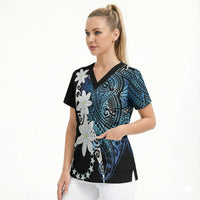 Cook Islands Maori Language Week Scrub Top Tiare Maori Kuki Airani Blue Pattern