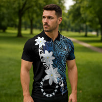 Cook Islands Maori Language Week Zipper Polo Shirt Tiare Maori Kuki Airani Blue Pattern