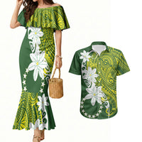 Cook Islands Maori Language Week Couples Matching Mermaid Dress and Hawaiian Shirt Tiare Maori Kuki Airani Green Pattern