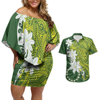 Cook Islands Maori Language Week Couples Matching Off Shoulder Short Dress and Hawaiian Shirt Tiare Maori Kuki Airani Green Pattern