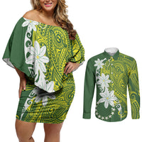 Cook Islands Maori Language Week Couples Matching Off Shoulder Short Dress and Long Sleeve Button Shirt Tiare Maori Kuki Airani Green Pattern