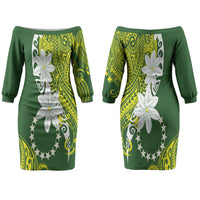 Cook Islands Maori Language Week Couples Matching Off The Shoulder Long Sleeve Dress and Hawaiian Shirt Tiare Maori Kuki Airani Green Pattern