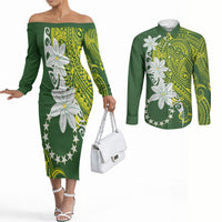 Cook Islands Maori Language Week Couples Matching Off The Shoulder Long Sleeve Dress and Long Sleeve Button Shirt Tiare Maori Kuki Airani Green Pattern