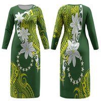 Cook Islands Maori Language Week Family Matching Long Sleeve Bodycon Dress and Hawaiian Shirt Tiare Maori Kuki Airani Green Pattern