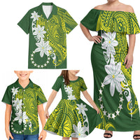 Cook Islands Maori Language Week Family Matching Off Shoulder Maxi Dress and Hawaiian Shirt Tiare Maori Kuki Airani Green Pattern