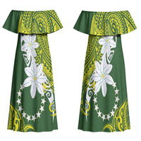 Cook Islands Maori Language Week Family Matching Off Shoulder Maxi Dress and Hawaiian Shirt Tiare Maori Kuki Airani Green Pattern