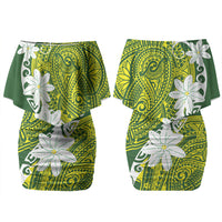 Cook Islands Maori Language Week Family Matching Off Shoulder Short Dress and Hawaiian Shirt Tiare Maori Kuki Airani Green Pattern