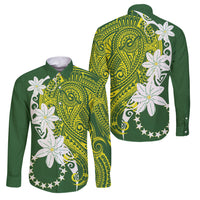 Cook Islands Maori Language Week Family Matching Off Shoulder Short Dress and Hawaiian Shirt Tiare Maori Kuki Airani Green Pattern