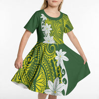 Cook Islands Maori Language Week Kid Short Sleeve Dress Tiare Maori Kuki Airani Green Pattern