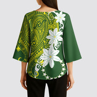 Cook Islands Maori Language Week Kimono Sleeve Blouse Tiare Maori Kuki Airani Green Pattern