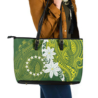 Cook Islands Maori Language Week Leather Tote Bag Tiare Maori Kuki Airani Green Pattern