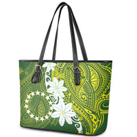 Cook Islands Maori Language Week Leather Tote Bag Tiare Maori Kuki Airani Green Pattern