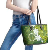 Cook Islands Maori Language Week Leather Tote Bag Tiare Maori Kuki Airani Green Pattern
