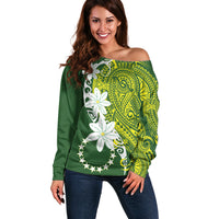 Cook Islands Maori Language Week Off Shoulder Sweater Tiare Maori Kuki Airani Green Pattern