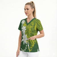 Cook Islands Maori Language Week Scrub Top Tiare Maori Kuki Airani Green Pattern