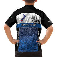 Personalised Cycling New Zealand Kid Hawaiian Shirt Aotearoa Map Fern Maori Pattern