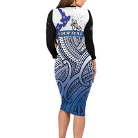 Personalised Cycling New Zealand Long Sleeve Bodycon Dress Aotearoa Map Fern Maori Pattern
