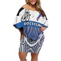 Personalised Cycling New Zealand Off Shoulder Short Dress Aotearoa Map Fern Maori Pattern LT22 Women Blue - Polynesian Pride