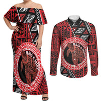 Personalised Tonga Language Week Couples Matching Off Shoulder Maxi Dress and Long Sleeve Button Shirt Heilala Turtle Malo E Lelei
