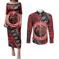 Personalised Tonga Language Week Couples Matching Puletasi and Long Sleeve Button Shirt Heilala Turtle Malo E Lelei