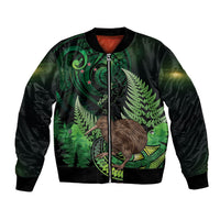 Kiwi New Zealand Personalised Bomber Jacket Aotearoa Map Silver Fern Koru Pattern LT22 Unisex Green - Polynesian Pride