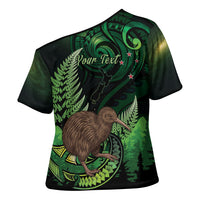 Kiwi New Zealand Personalised Cross Shoulder Shirt Aotearoa Map Silver Fern Koru Pattern