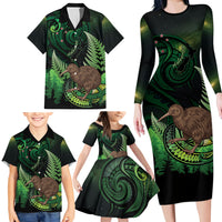 Kiwi New Zealand Personalised Family Matching Long Sleeve Bodycon Dress and Hawaiian Shirt Aotearoa Map Silver Fern Koru Pattern LT22 - Polynesian Pride