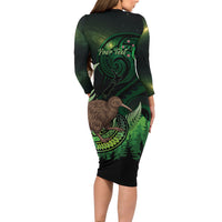 Kiwi New Zealand Personalised Family Matching Long Sleeve Bodycon Dress and Hawaiian Shirt Aotearoa Map Silver Fern Koru Pattern LT22 - Polynesian Pride