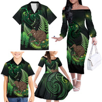 Kiwi New Zealand Personalised Family Matching Off The Shoulder Long Sleeve Dress and Hawaiian Shirt Aotearoa Map Silver Fern Koru Pattern LT22 - Polynesian Pride