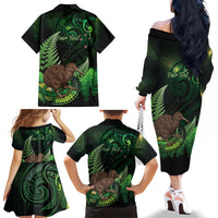 Kiwi New Zealand Personalised Family Matching Off The Shoulder Long Sleeve Dress and Hawaiian Shirt Aotearoa Map Silver Fern Koru Pattern LT22 - Polynesian Pride