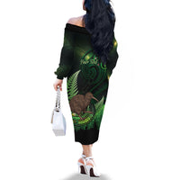 Kiwi New Zealand Personalised Family Matching Off The Shoulder Long Sleeve Dress and Hawaiian Shirt Aotearoa Map Silver Fern Koru Pattern LT22 - Polynesian Pride