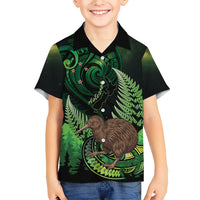 Kiwi New Zealand Personalised Family Matching Off Shoulder Short Dress and Hawaiian Shirt Aotearoa Map Silver Fern Koru Pattern LT22 Son's Shirt Green - Polynesian Pride