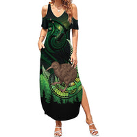 Kiwi New Zealand Personalised Family Matching Summer Maxi Dress and Hawaiian Shirt Aotearoa Map Silver Fern Koru Pattern LT22 Mom's Dress Green - Polynesian Pride