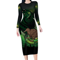 Kiwi New Zealand Personalised Long Sleeve Bodycon Dress Aotearoa Map Silver Fern Koru Pattern LT22 Long Dress Green - Polynesian Pride