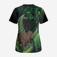 Kiwi New Zealand Personalised Scrub Top Aotearoa Map Silver Fern Koru Pattern
