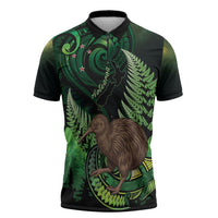 Kiwi New Zealand Personalised Zipper Polo Shirt Aotearoa Map Silver Fern Koru Pattern