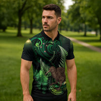 Kiwi New Zealand Personalised Zipper Polo Shirt Aotearoa Map Silver Fern Koru Pattern