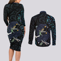 New Zealand Huia Bird Couples Matching Long Sleeve Bodycon Dress and Long Sleeve Button Shirt Paua Shell Maori Pattern LT22 - Polynesian Pride