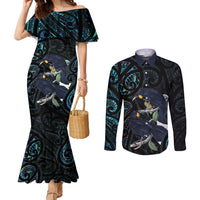 New Zealand Huia Bird Couples Matching Mermaid Dress and Long Sleeve Button Shirt Paua Shell Maori Pattern LT22 Black - Polynesian Pride