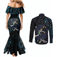 New Zealand Huia Bird Couples Matching Mermaid Dress and Long Sleeve Button Shirt Paua Shell Maori Pattern LT22 - Polynesian Pride